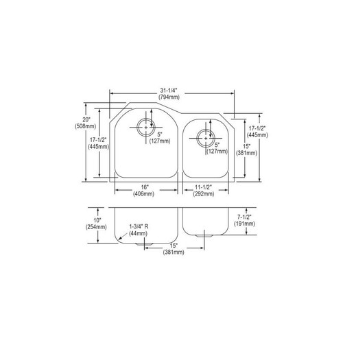 Elkay ELUH311910R Stainless Steel Double Bowl Undermount Sink in Lustrous Highlighted Satin