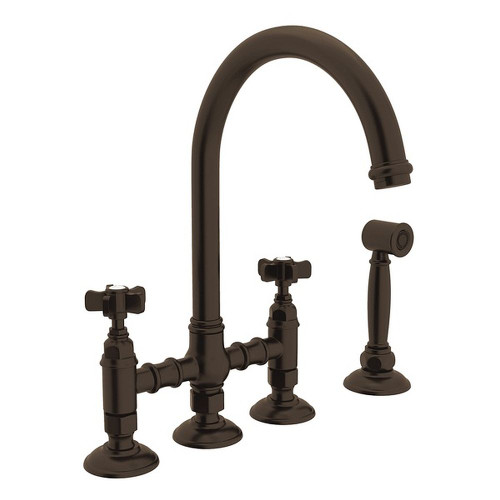 Deck Mount C-Spout 3 Leg Bridge Kitchen Faucet With Sidespray And Five Spoke Handles Sidespray In Tuscan Brass