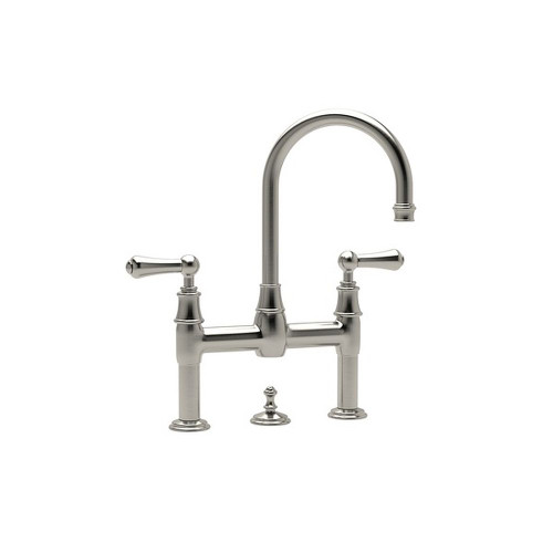 Deck Mount Lavatory Bridge Faucet with Solid Metal Lever in Satin Nickel