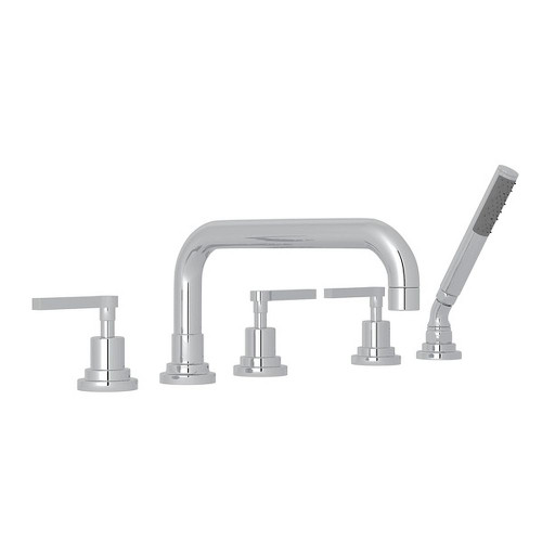 5-Hole Deck Mount Tub Filler with U-Spout Metal Lever Handles Diverter and Handshower in Polished Chrome