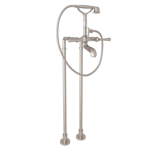 Rohl AKIT1901NLMSTN Exposed Floor Mount Tub Filler with Metal Lever Handshower and Floor Pillar Legs or Supply Unions in Satin Nickel