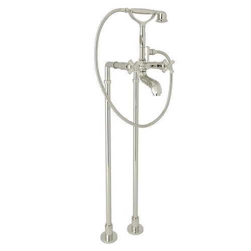 Rohl AKIT1901NXMPN Exposed Floor Mount Tub Filler with Cross Handle Handshower and Floor Pillar Legs or Supply Unions in Polished Nickel