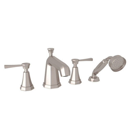4-Hole Deck Mount Tub Filler with Metal Lever Handshower in Satin Nickel
