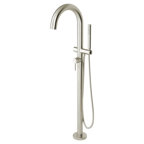 Contemporary Round Freestanding Tub Filler with Hand Shower in Brushed Nickel
