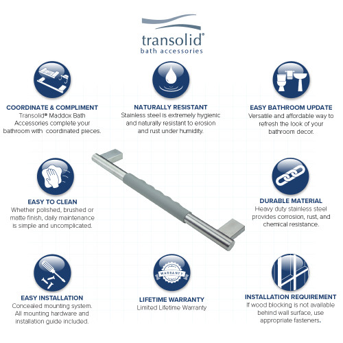 12-inch Grab Bar with Grey Rubber Handle, In Brushed Stainless