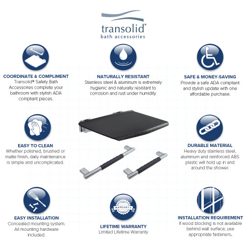 3-Piece Bathroom Safety Accessory Kit Including a fold-up shower seat, a 16-in grab bar, and a 12-in grab bar, in Black/Brushed Stainless