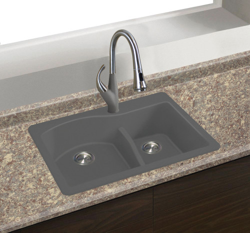 33" X 22" X 10" Double Offset Drop-in Installation with 2 BD Faucet Holes, In Grey