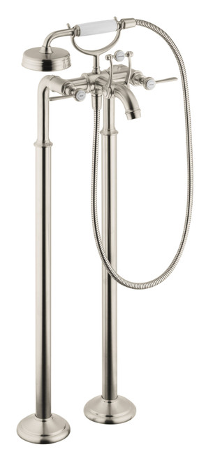 2-Handle Freestanding Tub Filler Trim with Lever Handles and Handshower in Brushed Nickel