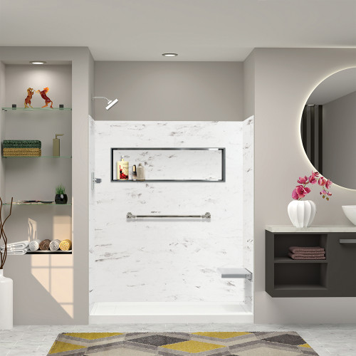 SWK603672-47V SaraMar 60-in x 36-in x 72-in Glue to Wall 3-Piece Shower Wall Trimmable Kit, White Venito Velvet