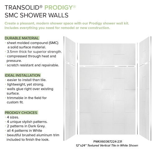 Transolid Prodigy PWKX60367224-231 60" x 36" x 96-in Glue to Wall 6-Piece Shower Wall Trimmable Kit 12" x 24" Vertical Tile, in White