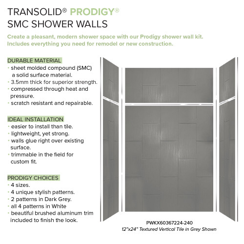 Transolid Prodigy PWKX60367224-240 60" x 36" x 96-in Glue to Wall 6-Piece Shower Wall Trimmable Kit 12" x 24" Vertical Tile, in Dark Grey