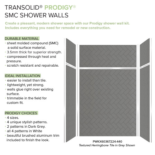 Transolid Prodigy PWKX60367224-440 60" x 36" x 96-in Glue to Wall 6-Piece Shower Wall Trimmable Kit Herringbone Tile, in Dark Grey