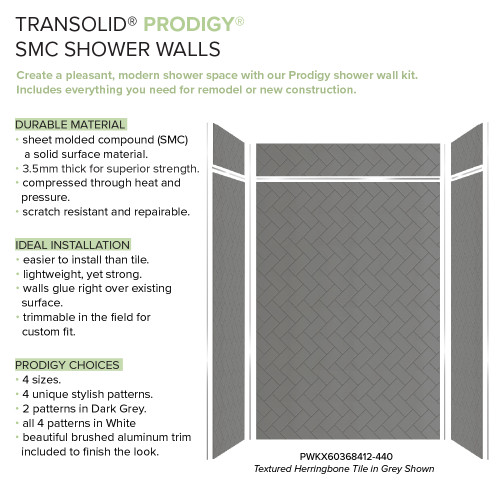 Transolid Prodigy PWKX60368412-440 60" x 36" x 96-in Glue to Wall 6-Piece Shower Wall Trimmable Kit Herringbone Tile, in Dark Grey