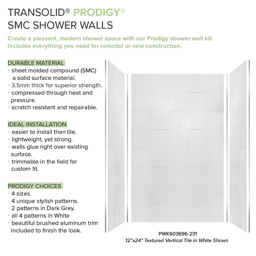 Transolid Prodigy PWK603696-231 60" x 36" x 96" Glue to Wall 3-Piece Shower Wall Trimmable Kit 12" x 24" Vertical Tile, in White