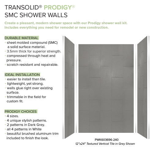 Transolid Prodigy PWK603696-240 60" x 36" x 96" Glue to Wall 3-Piece Shower Wall Trimmable Kit 12" x 24" Vertical Tile, in Dark Grey