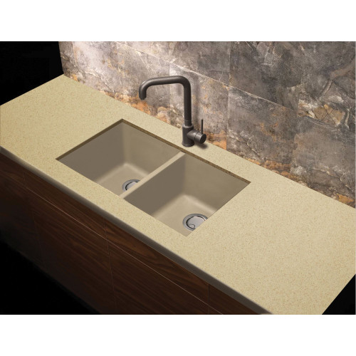 31.75-in x 19.125-in x 9.5-in Granite Double Equal Undermount Kitchen Sink in Cafe Latte with Grids, Strainer, Disposer Strainer, Installation Kit