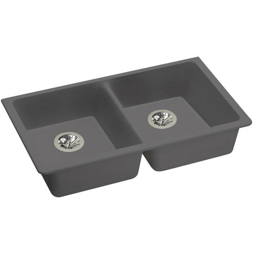 33" x 18-1/2" x 5-1/2" Quartz Double Bowl Undermount ADA Sink with Perfect Drain in Greystone