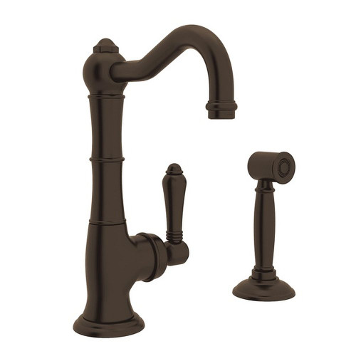 9" Single Hole Column Spout Kitchen Faucet With Sidespray With Metal Lever Handle In Tuscan Brass