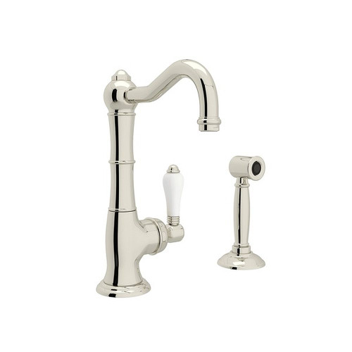 9" Single Hole Column Spout Kitchen Faucet With Sidespray With Porcelain Lever Handle In Polished Nickel