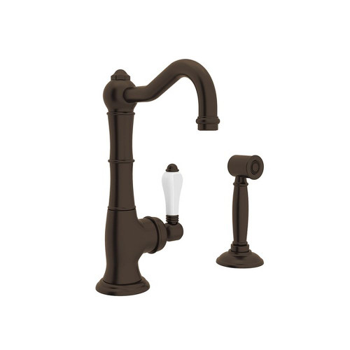 9" Single Hole Column Spout Kitchen Faucet With Sidespray With Porcelain Lever Handle In Tuscan Brass