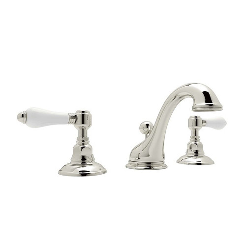 C-Spout Widespread Lavatory Faucet with Porcelain Lever Pop-Up in Polished Nickel