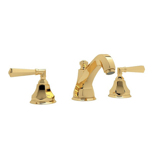 High Neck Widespread Lavatory Faucet with Hex Spout Metal Lever Handles and Pop-Up in Italian Brass
