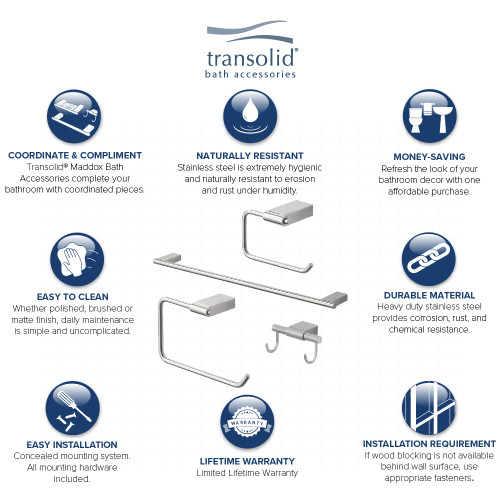 4-Piece Bathroom Accessory Kit Including a robe hook, a toilet paper holder, a towel ring, and a 24-in towel bar, in Brushed Stainless