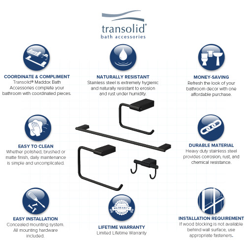 4-Piece Bathroom Accessory Kit Including a robe hook, a toilet paper holder, a towel ring, and a 24-in towel bar, in Black