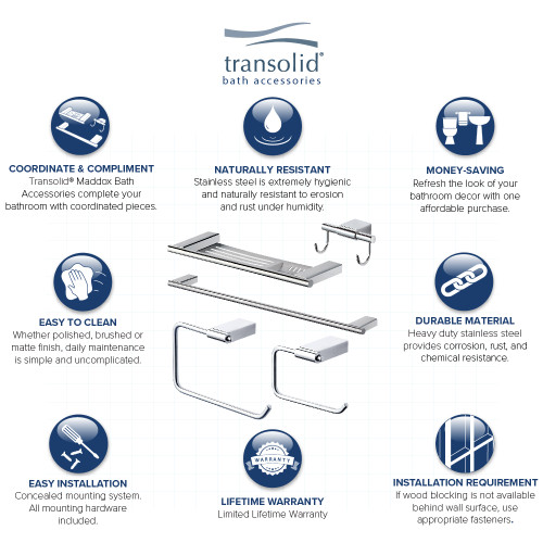 5-Piece Bathroom Accessory Kit Including a robe hook, a toilet paper holder, a towel ring, a 24-in towel bar, and a 16-in shelf with soap dish, in Polished Chrome