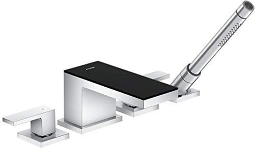 4-Hole Roman Tub Set Trim with Handshower in Chrome/Black Glass