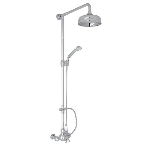 Exposed Wall Mount Thermostatic Shower with Ornate White Porcelain Lever and Volume Control in Polished Chrome