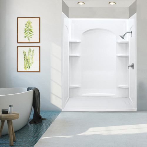 Shower kit with back wall, two end walls, and a shower base with a right-hand drain
