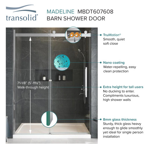 Transolid MBDT607608C-J-BS Frameless sliding shower door with fixed panel in brushed stainless with clear glass texture and Justin handles
