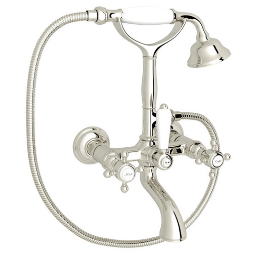 Rohl A1401XMPN Exposed Wall Mount Tub Filler with Handshower and Cross Handle, Polished Nickel