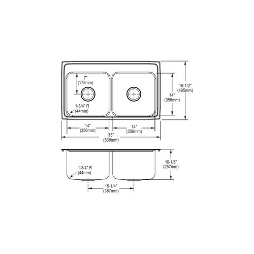 33" x 19-1/2" x 10-1/8" 18 Gauge Stainless Steel Equal Double Bowl Drop-in Kitchen Sink with 1 Faucet Hole in Lustrous Satin