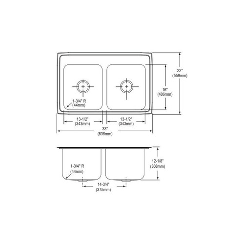 33" x 22" x 12-1/8" 18 Gauge Stainless Steel Equal Double Bowl Drop-in Kitchen Sink with 1 Faucet Hole in Lustrous Satin