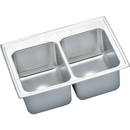 33" x 22" x 12-1/8" 18 Gauge Stainless Steel Equal Double Bowl Drop-in Kitchen Sink with 3 Faucet Holes in Lustrous Satin