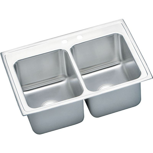 33" x 22" x 12-1/8" 18 Gauge Stainless Steel Equal Double Bowl Drop-in Kitchen Sink with Middle Right 2 Faucet Holes in Lustrous Satin