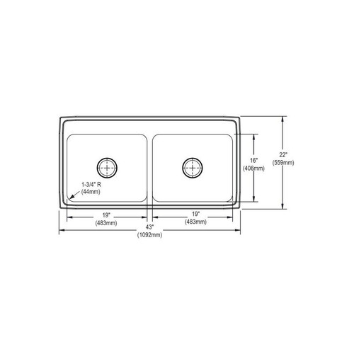43" x 22" x 12-1/8" 18 Gauge Stainless Steel Equal Double Bowl Drop-in Kitchen Sink with 2 Faucet Holes in Lustrous Satin