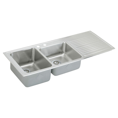 54" x 22" x 10" 18 Gauge Stainless Steel Offset Double Bowl Drop-in Sink with Left Drainboard and 2 Faucet Holes in Lustrous Satin