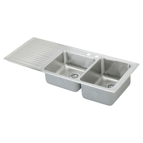 54" x 22" x 10" 18 Gauge Stainless Steel Offset Double Bowl Drop-in Sink with Right Drainboard and 2 Faucet Holes in Lustrous Satin