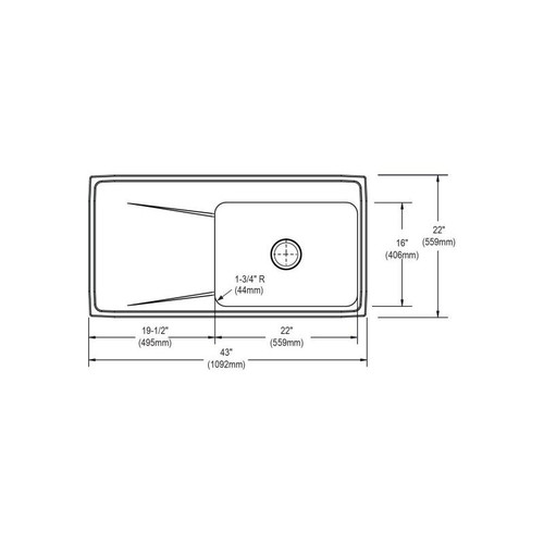 43" x 22" x 7-5/8" 18 Gauge Stainless Steel Single Bowl Drop-in Sink with Right Drainboard and 1 Faucet Hole in Lustrous Satin
