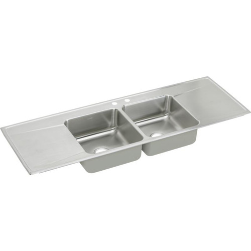 66" x 22" x 7-5/8" 18 Gauge Stainless Steel Equal Double Bowl Drop-in Sink with Drainboard and Middle Right 2 Faucet Holes in Lustrous Satin