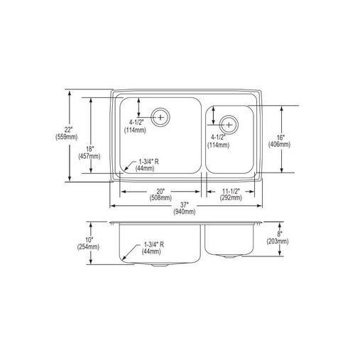 37" x 22" x 10" 18 Gauge Stainless Steel Offset 60/40 Double Bowl Drop-in Kitchen Sink with 1 Faucet Hole in Lustrous Satin