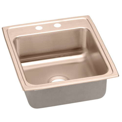 19-1/2" x 19" x 7-1/2" 18 Gauge CuVerro Antimicrobial Copper Single Bowl Drop-in Sink with 2 Faucet Holes in Lustrous Satin