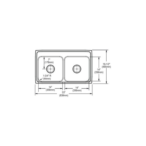 33" x 19-1/2" x 7-5/8" 18 Gauge Stainless Steel Equal Double Bowl Drop-in Kitchen Sink with 1 Faucet Hole in Lustrous Satin