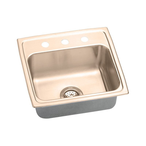 19-1/2" x 19" x 5-1/2" 18 Gauge CuVerro Antimicrobial Copper Single Bowl Drop-in ADA Sink with 3 Faucet Holes in Lustrous Satin