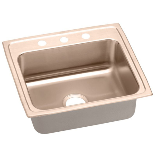 22" x 19-1/2" x 6-1/2" 18 Gauge CuVerro Antimicrobial Copper Single Bowl Drop-in ADA Sink with 3 Faucet Holes in Lustrous Satin
