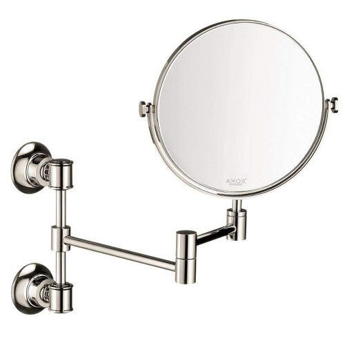 7 3/4in Double Sided Round Mirror with 2.5 Magnification and Double Jointed Swing Arm in Polished Nickel