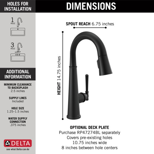 Delta 9982-BL-DST Emmeline Single Handle Pull Down Bar or Prep Faucet, Matte Black